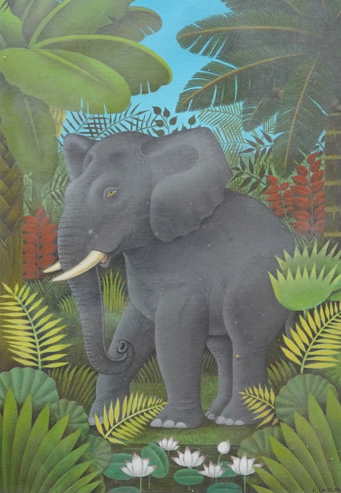 Ken Laidlaw (b.1945), Elephant in a landscape, signed, oil, 29 x 20cm